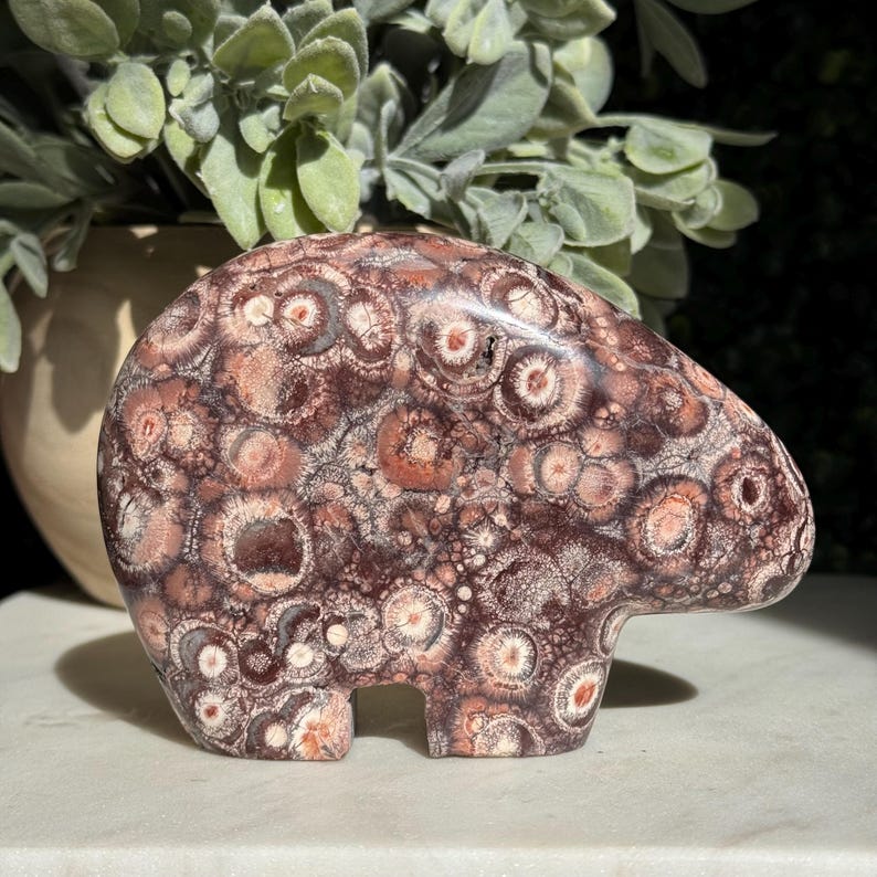May include: A carved stone bear figurine in shades of brown, red, and cream. The bear has a rounded body and is standing on four small legs. The stone has a unique pattern of circular and oval shapes. The figurine is a decorative item.
