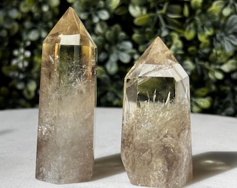May include: Two citrine crystal points. The crystals are a translucent yellow-brown color with visible internal structures. One is a tall, rectangular prism with a pointed top. The other is shorter, with a more irregular shape.