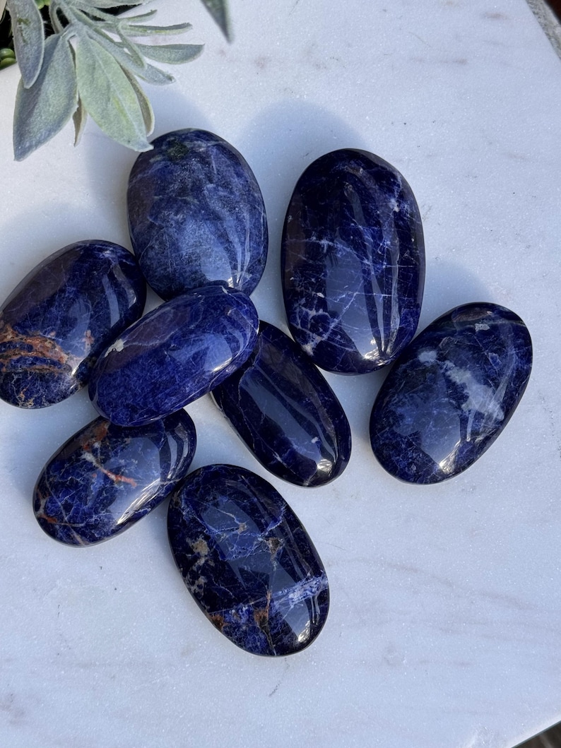 May include: A collection of oval-shaped sodalite stones. The stones are a deep blue color with white and brown veining. They are arranged on a white surface, with a sprig of greenery in the background. The stones are polished and have a smooth, glossy finish.