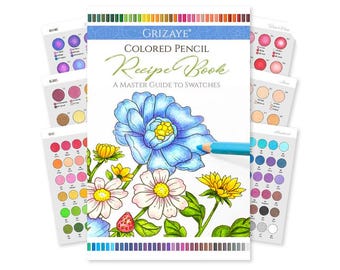 Könnte beinhalten: Ein Buch mit dem Titel "Colored Pencil Recipe Book: A Master Guide to Swatches" von Grizaaye. Das Buch zeigt eine farbenfrohe Illustration von Blumen und einen Buntstift auf weißem Hintergrund. Das Buch enthält Farbmuster für verschiedene Buntstifte.