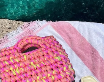 Cute Aesthetic Bag, Chunky T Shirt Yarn Mini Tote, Small Casual Beach Handbag, Unique Handmade Gift for Her, Pastel Crochet Top Handle Purse