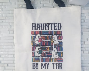 Haunted by My TBR Reusable Tote Bag with Ghosts and Books Design Perfect Gift for Book Lovers and Readers Eco-Friendly Polyester Tote