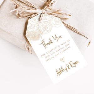 Personalized Floral Wedding Thank You Tags – Custom Favor Labels for Guests – Elegant Gold Script – Bridal Shower or Reception Decor