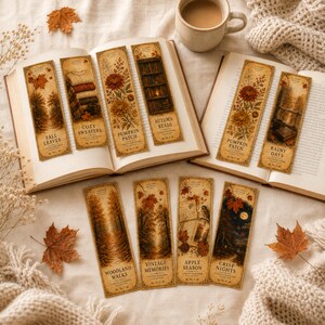 May include: A collection of ten rectangular paper bookmarks featuring autumn-themed illustrations including fall foliage, cozy sweaters, pumpkin patches, bookshelves, and woodland scenes with printed text titles like Fall Leaves and Crisp Nights.