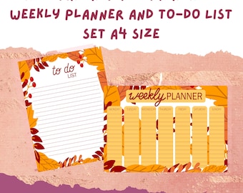 May include: Printable weekly planner and to-do list set in A4 size with an autumn theme. The planner has a yellow and orange background with red and orange leaves. The to-do list has a white background with red and orange leaves.