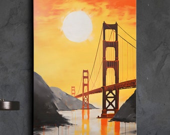 San Francisco Golden Gate Bridge Sunset Abstract Oil Modern Painting Wall Art, Framed Canvas Poster Print Home/Office Room Decor, Gifts