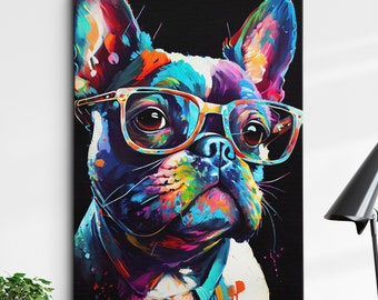 French Bulldog With Glasses Dog Pet Abstract Modern Painting Wall Art, Framed Canvas Poster Print, Home Kitchen Office Room Decor, Gifts