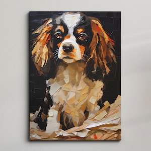 May include: A painting of a Cavalier King Charles Spaniel dog with brown, black and white fur. The dog is looking directly at the viewer with a serious expression. The painting is done in a cubist style, with the dog's fur and features broken up into small, geometric shapes.