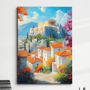 May include: A painting of a cityscape with white buildings and orange rooftops. The buildings are nestled on a hillside with a large, white structure on top of the hill. The painting has a bright, colorful palette with shades of blue, green, orange, and yellow.