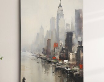 New York City Sunset Skyline Retro Vintage Abstract Oil Modern Painting Wall Art Framed Canvas Poster Print Home Living Room Decor Gifts