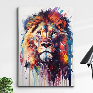 Lion Head Animal Abstract Modern Jungle Wild Oil Painting Splatter Style Wall Art Framed Canvas Poster Print, Home/Office Room Decor Gifts