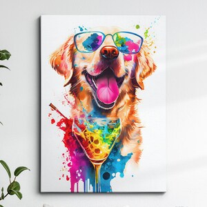 Golden Retriever Labrador Drinking Cocktail Painting Splatter Wall Art, Framed Canvas Poster Print, Home Kitchen Office Room Decor, Gifts