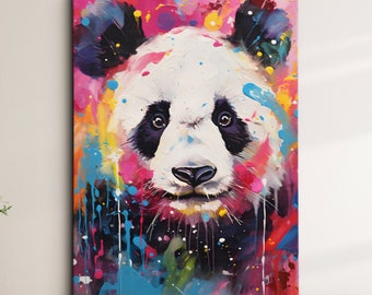 Colorful Panda Animal Abstract Oil Painting Splatter Style Wall Art, Framed Canvas Poster Print, Home Kitchen Office Room Decor, Gifts