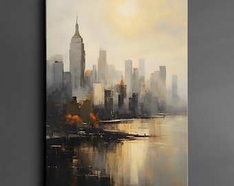 New York City Sunset Skyline Retro Vintage Abstract Oil Modern Painting Wall Art Framed Canvas Poster Print Home Living Room Decor Gifts