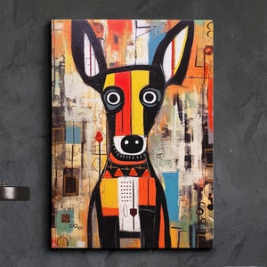 Fun Dog Picasso & Basquiat Abstract Oil Painting Style Wall Art, Framed Canvas Poster Print, Home Kitchen Office Room Decor, Gifts