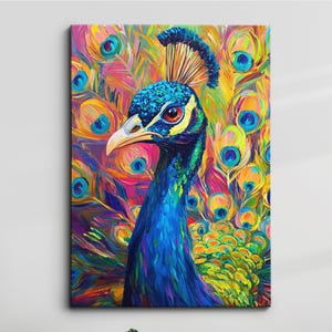 Elegant Peacock Oil Painting Canvas Wall Art Framed Canvas Poster Print, Animal Abstract Vibrant Feather Bird Home Decor Gift Idea
