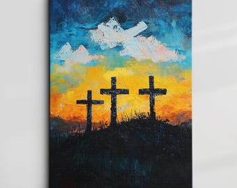 Three Crosses Oil Painting Religious Canvas Wall Art Calvary Cross Artwork, Framed Canvas Poster Print Home Decor Faith-Based Gift Idea