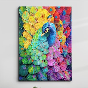Elegant Peacock Oil Painting Canvas Wall Art Framed Canvas Poster Print, Animal Abstract Vibrant Feather Bird Home Decor Gift Idea