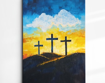 Three Crosses Oil Painting Religious Canvas Wall Art Calvary Cross Artwork, Framed Canvas Poster Print Home Decor Faith-Based Gift Idea