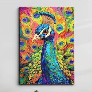 Elegant Peacock Oil Painting Canvas Wall Art Framed Canvas Poster Print, Animal Abstract Vibrant Feather Bird Home Decor Gift Idea