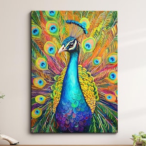 Elegant Peacock Oil Painting Canvas Wall Art Framed Canvas Poster Print, Animal Abstract Vibrant Feather Bird Home Decor Gift Idea