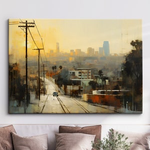 Los Angeles Sunset Skyline California Landmark Oil Painting Watercolor Wall Art, Framed Canvas Poster Print, Home/Office Room Decor, Gifts