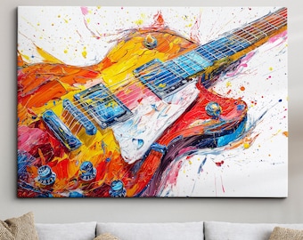 May include: A colorful abstract painting of an electric guitar with splashes of paint in shades of red, yellow, blue, and white.