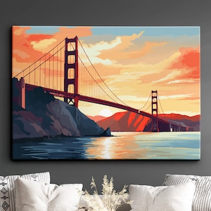 San Francisco Bay Golden Gate Bridge Sunset Abstract Modern Painting Wall Art Framed Canvas Poster Print Home/Office Room Decor, Gifts