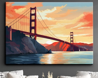 Pode incluir: Uma pintura da Ponte Golden Gate em São Francisco, Califórnia. A ponte é vermelha e atravessa um corpo de água com colinas ao fundo. O céu é de um laranja e amarelo vibrantes, o que sugere um pôr do sol.