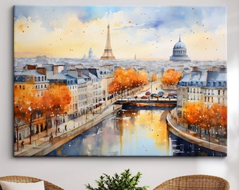 Paris France Eiffel Tower Cityscape Landmark Oil Painting Watercolor Wall Art, Framed Canvas Poster Print, Home/Office Room Decor, Gifts