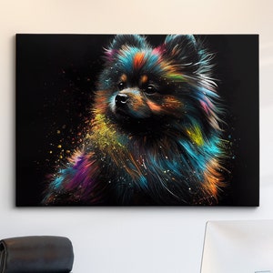May include: A colorful abstract painting of a fluffy dog with a black background. The dog's fur is painted in shades of blue, green, yellow, orange, and purple.