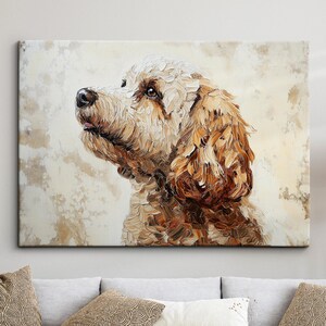 May include: A painting of a brown and white dog with fluffy fur, looking up and to the left. The dog is painted in a textured style, with visible brushstrokes.