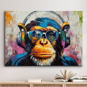 Monkey DJ Headphones Abstract Modern Painting Wall Art, Framed Canvas Poster Print, Home Kitchen Office Room Decor, Gifts