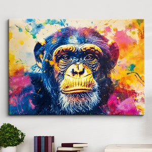 Monkey Rainbow Abstract Modern Painting Wall Art, Framed Canvas Poster Print, Home Kitchen Office Room Decor, Gifts