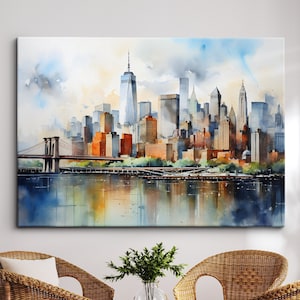 New York City Skyline Bridges Landmark Oil Painting Watercolor Wall Art Framed Calming Canvas Poster Print Home/Office Room Decor Gifts