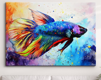 Betta Fish Fighting Fish Animal Abstract Oil Painting Paint Splatter Wall Art Framed Canvas Poster Print Home Living Room Decor Fun Gift