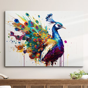 Beautiful Peacock Animal Abstract Bird Oil Painting Splatter Style Wall Art Framed Canvas Poster Print, Home/Office Room Decor Gifts