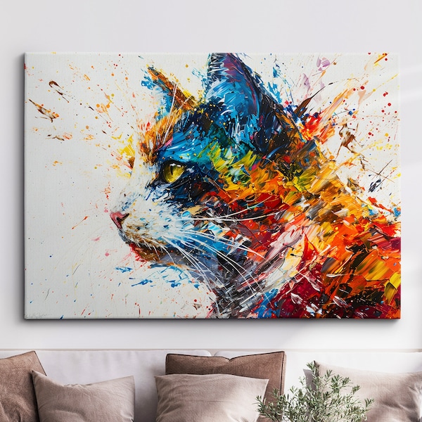 Bright & Colorful Cat Pet Abstract Modern Oil Painting Wall Art Framed Canvas Poster Print Home Kitchen Office Room Decor Cat Gift Ideas
