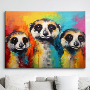 Colorful Meerkats Animal Abstract Oil Painting Paint Splatter Wall Art Framed Canvas Poster Print Home Living Room Decor Fun Meerkat Gift