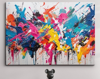 Colorful Paint Splash Abstract Oil Painting Splatter Style Wall Art, Framed Canvas Poster Print, Home Kitchen Office Room Decor, Gifts