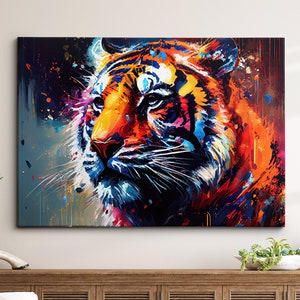 Tiger Head Animal Abstract Modern Jungle Wild Oil Painting Splatter Style Wall Art Framed Canvas Poster Print, Home/Office Room Decor Gifts