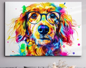 May include: A colorful abstract painting of a dog wearing glasses. The dog's fur is painted in shades of yellow, orange, red, blue, and green. The background is white with splashes of color.