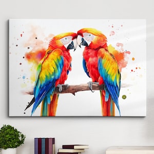 Colorful Parrots Abstract Modern Animal Oil Painting Wall Art Framed Canvas Poster Print Home Kitchen Office Room Decor Bird Gift Ideas
