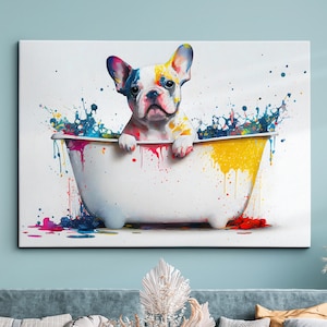 French Bulldog Bathtub Abstract Dog Pet Animal Painting Splatter Wall Art  Framed Canvas Poster Print  Home Kitchen Office Room Decor  Gifts