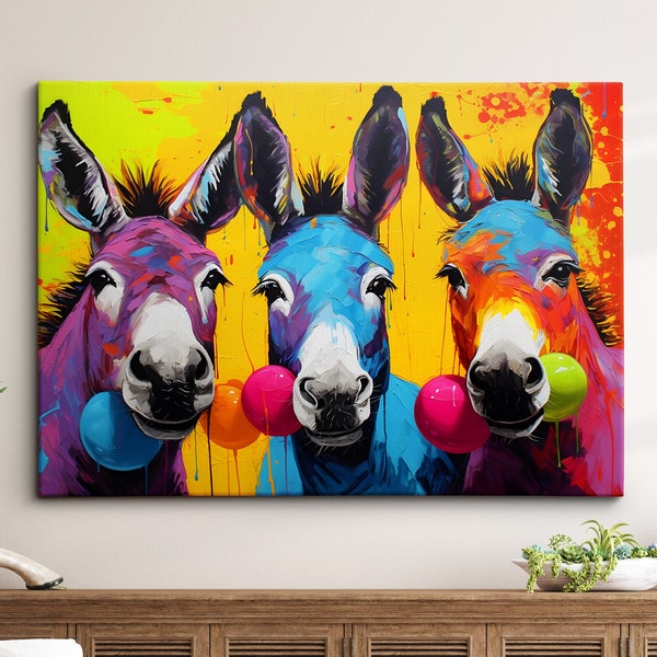 Colorful Donkeys Farm Animal Abstract Oil Painting Paint Splatter Wall Art Framed Canvas Poster Print Home Living Room Decor Fun Donkey Gift