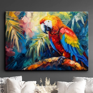 Colorful Parrot Abstract Modern Animal Oil Painting Wall Art Framed Canvas Poster Print Home Kitchen Office Room Decor Bird Gift Ideas