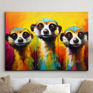 Colorful Meerkats Animal Abstract Oil Painting Paint Splatter Wall Art Framed Canvas Poster Print Home Living Room Decor Fun Meerkat Gift