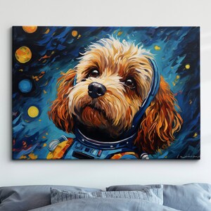 May include: A painting of a brown and white dog wearing a blue astronaut suit against a blue and yellow starry night background.