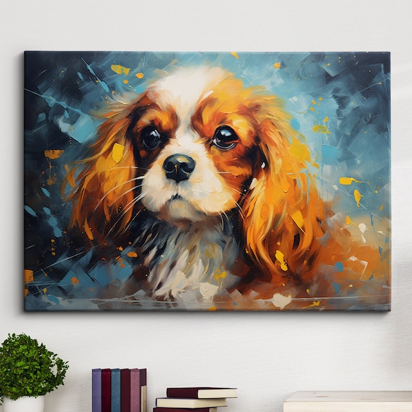 Cavalier King Charles Spaniel - Pintura abstracta moderna para pared, diseño de perro con corona, póster impreso en lienzo enmarcado, decoración para el hogar, la cocina y la oficina