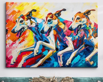 Pode incluir: Uma pintura abstrata colorida de três galgos correndo. A pintura é feita em um estilo vibrante com respingos de azul, amarelo, vermelho e verde.